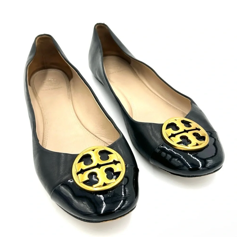 Tory Burch Chelsea Ballet Flats Napa Leather‎ Black Gold Medallion cap toe 9.5M